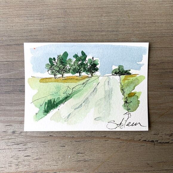 ACEO Landscape Painting Watercolor Ink Country Path Road Sky Grn Field Signed - Picture 2 of 2
